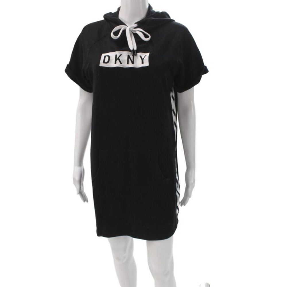 DKNY Women Hooded T-Shirt Dress Black Striped Mini Size M